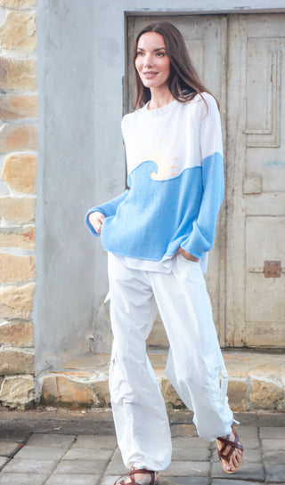 Sunrise Crew Cotton Sweater / White / Beach Sky