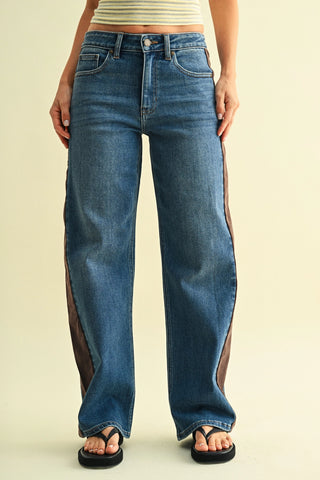 Corduroy Side Panel Wide Leg - Dark Denim