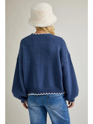 "Croissant" Stitching Oversized Sweater / Dusty Blue- Ivory