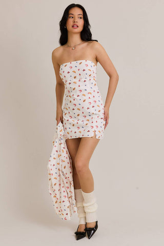 STRAPLESS SMOCKED BACK FOOD MIX GRAPHIC MINI DRESS
