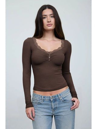 Lace Trim Button Detail Long Sleeve Knit Top / Dark Brown