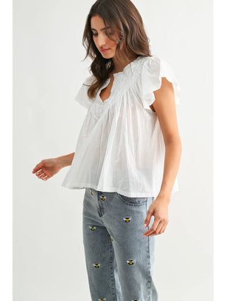 Flutter Sleeve Gathered Neck Detail Blouse / White