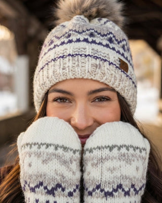 Ivory, Purple & Taupe Patterned Pom Hat