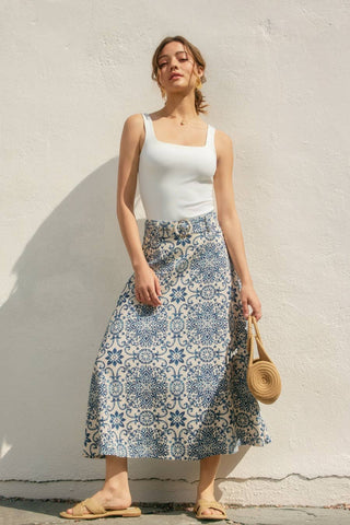 Summer In Capri Buckled A Line Midi Skirt