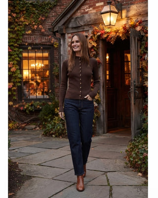 Sandra Mockneck Fitted Cardigan / Brown
