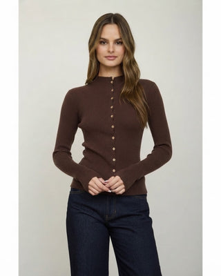 Sandra Mockneck Fitted Cardigan / Brown