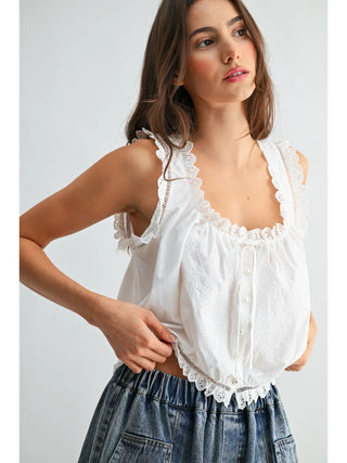 Embroidered Broderie Anglaise Cotton Top / Off White