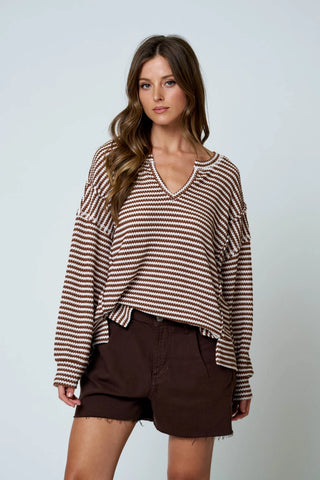 Stripe Split Neck Long Sleeve Seam Detail Knit Top / Brown