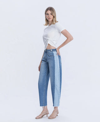 High Rise Two Tone Barrel Jeans / Blue Memoir