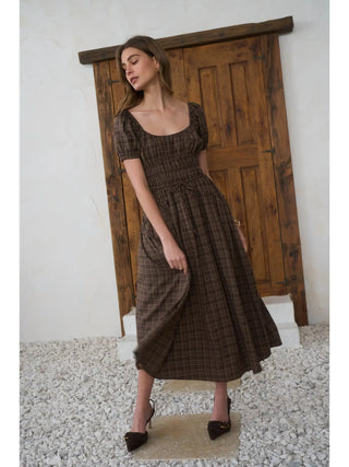 Plaid Shirred Puff Sleeve Front Tie Midi Dress