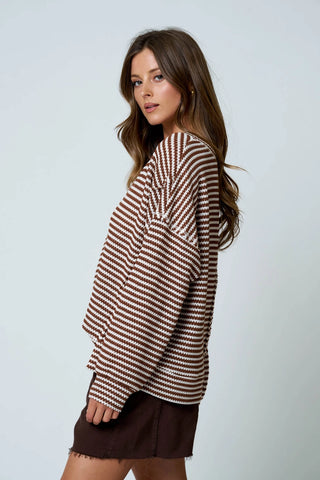 Stripe Split Neck Long Sleeve Seam Detail Knit Top / Brown