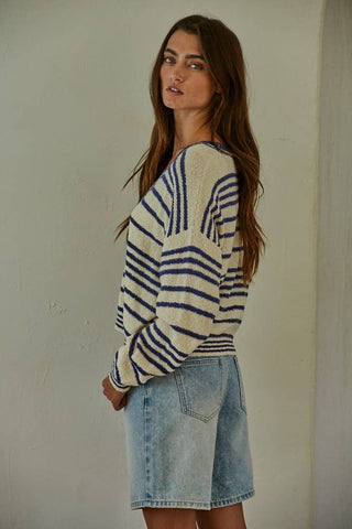 Knit Sweater Cotton Striped V-Neck Cardigan