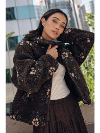 Floral-Print Sherpa Fleece Zip-Up Pocket Jacket /Choclate