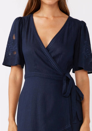 Embroidered Midi Wrap Dress