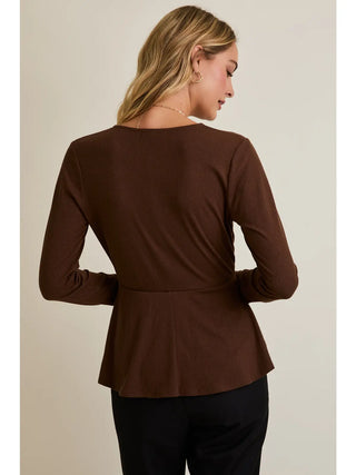 Surplice Long Sleeve O-Ring Trim Detail Flare Hem Top / Brown