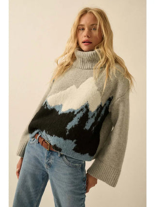 Mountains Fuzzy Jacquard-Knit Turtleneck Sweater