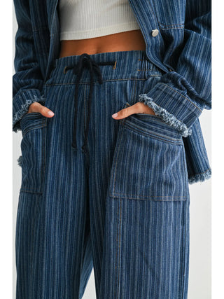 Wide-Leg Striped Denim Trousers / Dark Denim Wash Striped