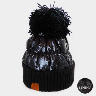 Fleece Lining Puffer Knit Pom Pom Beanie Hat / Black
