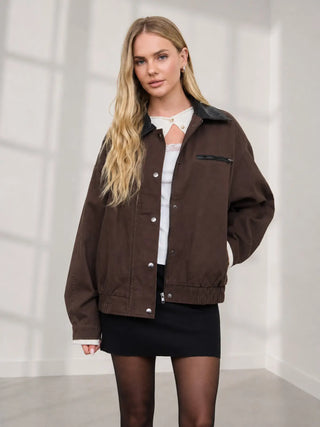 Contrast Faux Leather Collar Zip-Up Jacket / Brown