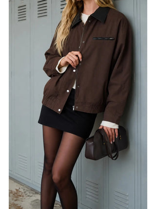 Contrast Faux Leather Collar Zip-Up Jacket / Brown