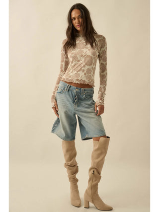 Floral-Print Mesh Mock-Neck Raglan Top / Cream