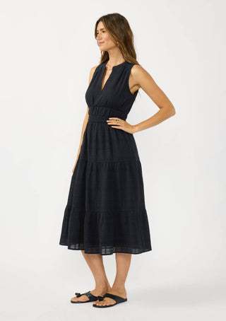 V-Split Neck Tiered Midi Dress with Pockets