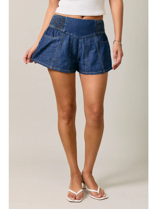 Mid Waist Smocked Flare Shorts