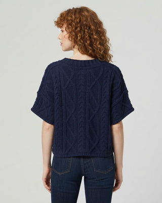 ROUND NECK SHORT SLEEVE KNIT SWEATER TOP / Navy
