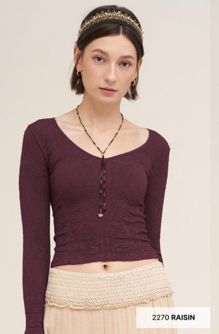 Lace Textured V Neck Top / Raisin