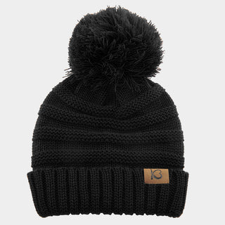 Cable Knit Ribbed Chunk Pom Pom Beanie Hat / Black