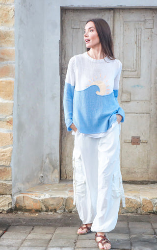 Sunrise Crew Cotton Sweater / White / Beach Sky
