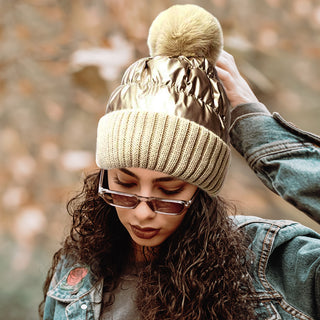 Fleece Lining Puffer Knit Pom Pom Beanie Hat / Gold