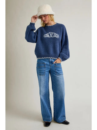 "Croissant" Stitching Oversized Sweater / Dusty Blue- Ivory