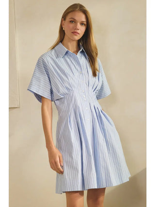 Striped Short-Sleeve Shirt Dress/Cotton Blue