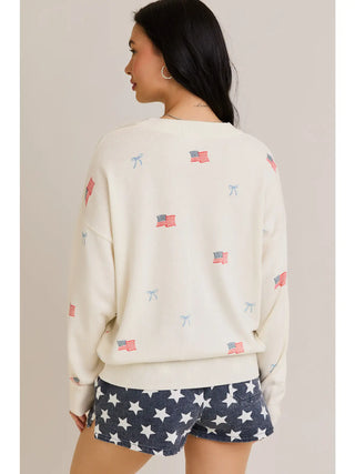 "USA Flag with Bow" Print Long Sleeve Crew Neck Sweater