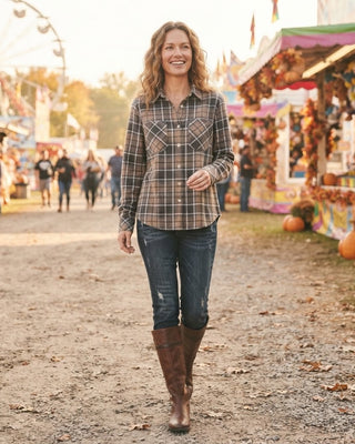 Plaid Button Up / Gray, Tan & White