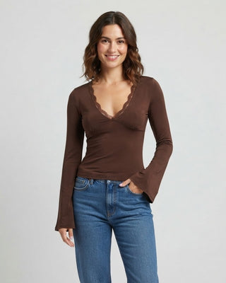 Cara Bell Sleeve Lace Trim Top / Brown