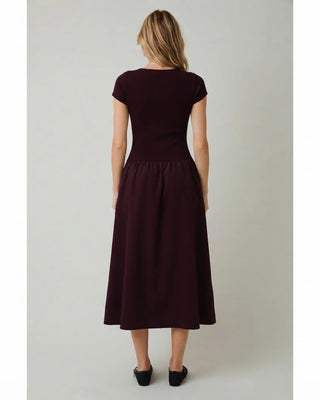 Brenna Dual Fabric Midi Dress / Maroon