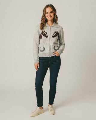 Morgan Jacquard Zip Up Sweater / Heather Grey