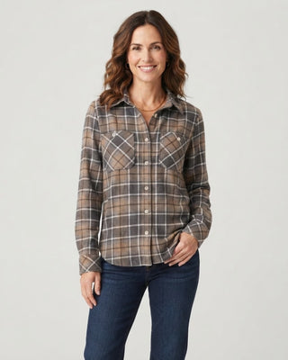 Plaid Button Up / Gray, Tan & White