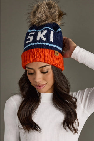 Orange, Navy & Lt. Blue Ski Pom Hat