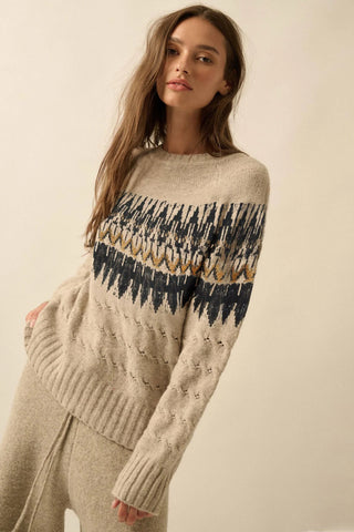 Misty Moors Fair Isle Cable Knit Sweater Oatmeal