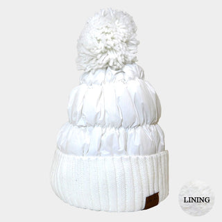 Fleece Lining Puffer Knit Pom Pom Beanie Hat / White