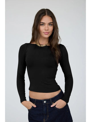 Boat Neck Long Sleeve Solid Knit Top /Black