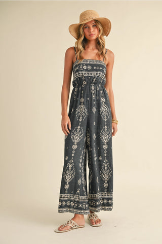 Smocked Printed Jumpsuit