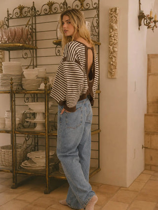 Stripe Contrast Trim Back Cut-Out Detail Knit Top