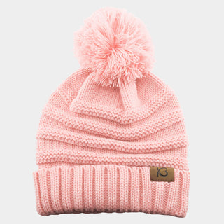 Cable Knit Ribbed Chunk Pom Pom Beanie Hat / Pink