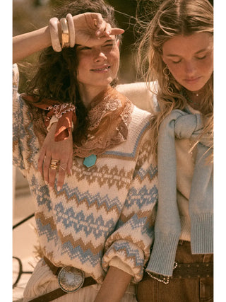 Fair Isle Knit Raglan-Sleeve Loose-Fit Mock-Neck Sweater /. Cream