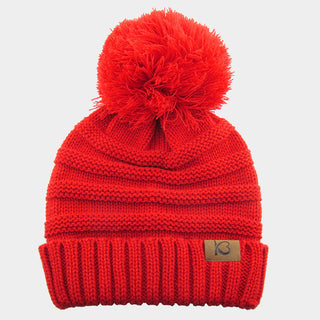 Cable Knit Ribbed Chunk Pom Pom Beanie Hat / Red