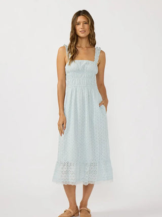 Smocked Bust Floral Eyelet Midi Dress